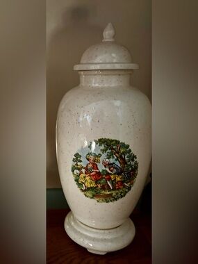 Vintage Apothecary Tobacco Jar Canister Speckled Ceramic Pastoral Scene